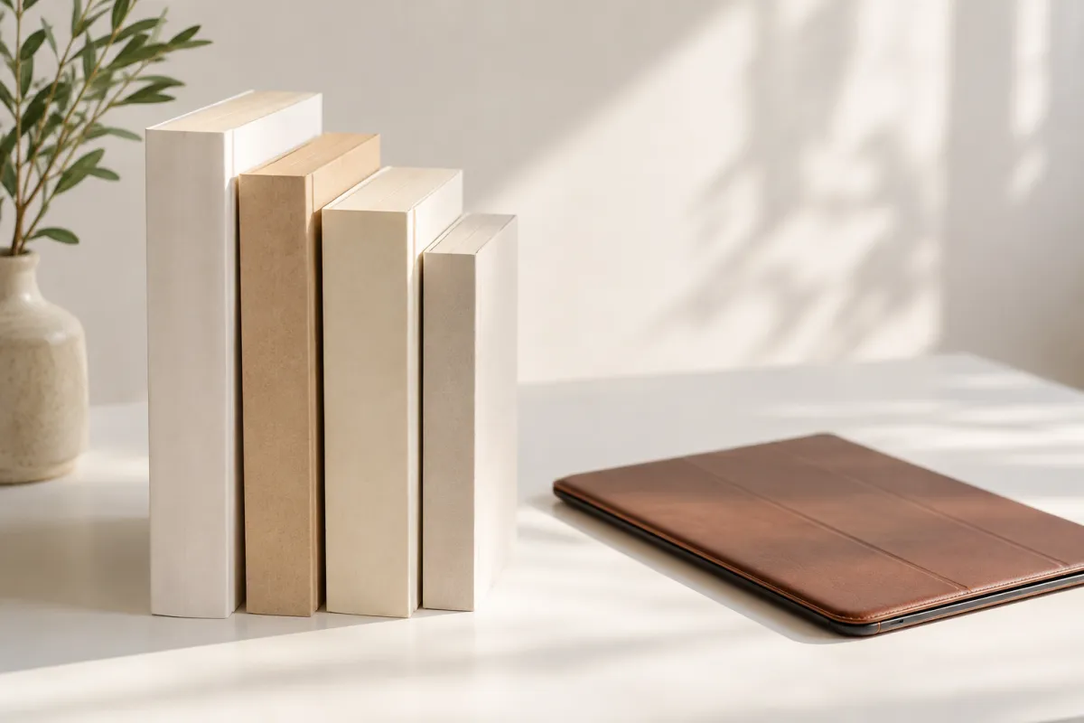 Paperback books in different trim sizes beside a closed tablet case on a white table