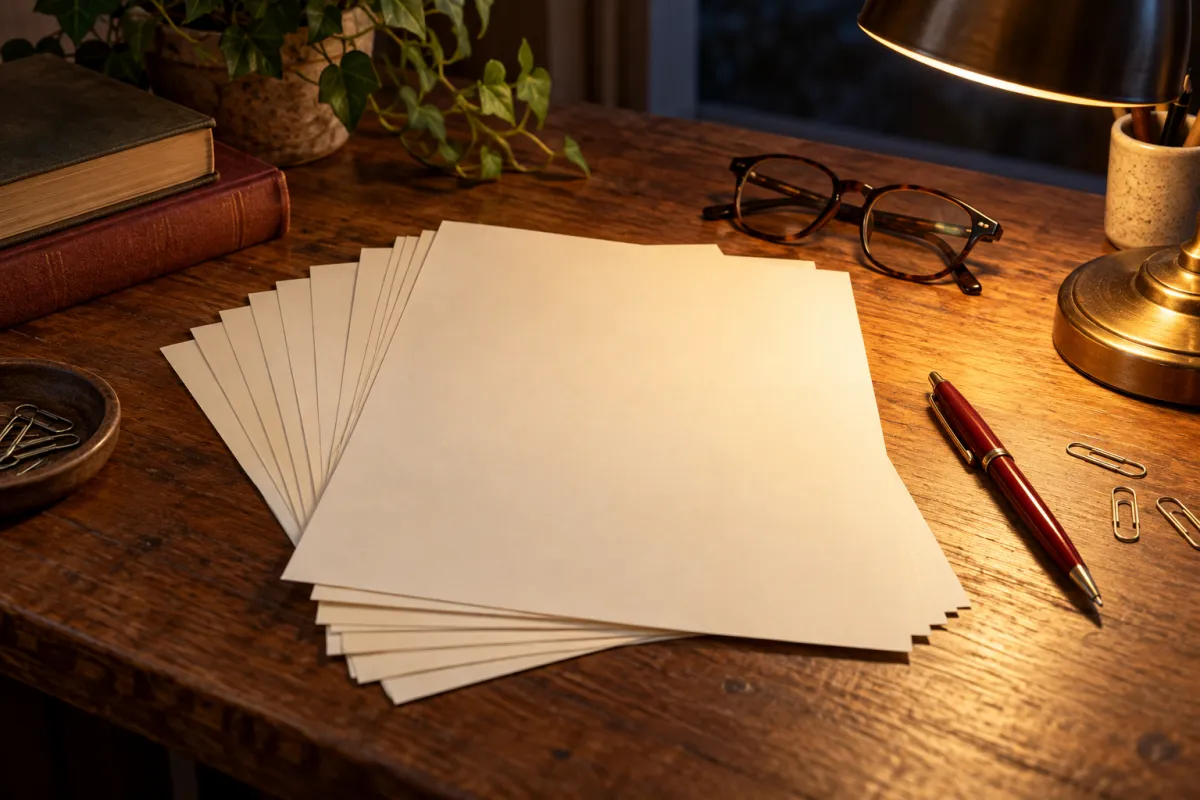 Blank manuscript pages with a red pen, paper clips and reading glasses under a warm desk lamp