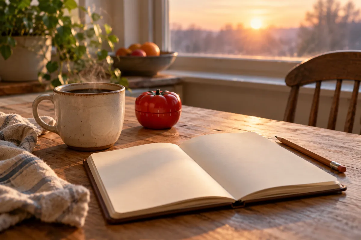 A kitchen table at dawn with coffee, a tomato-shaped timer and a blank notebook set up for a short daily writing session