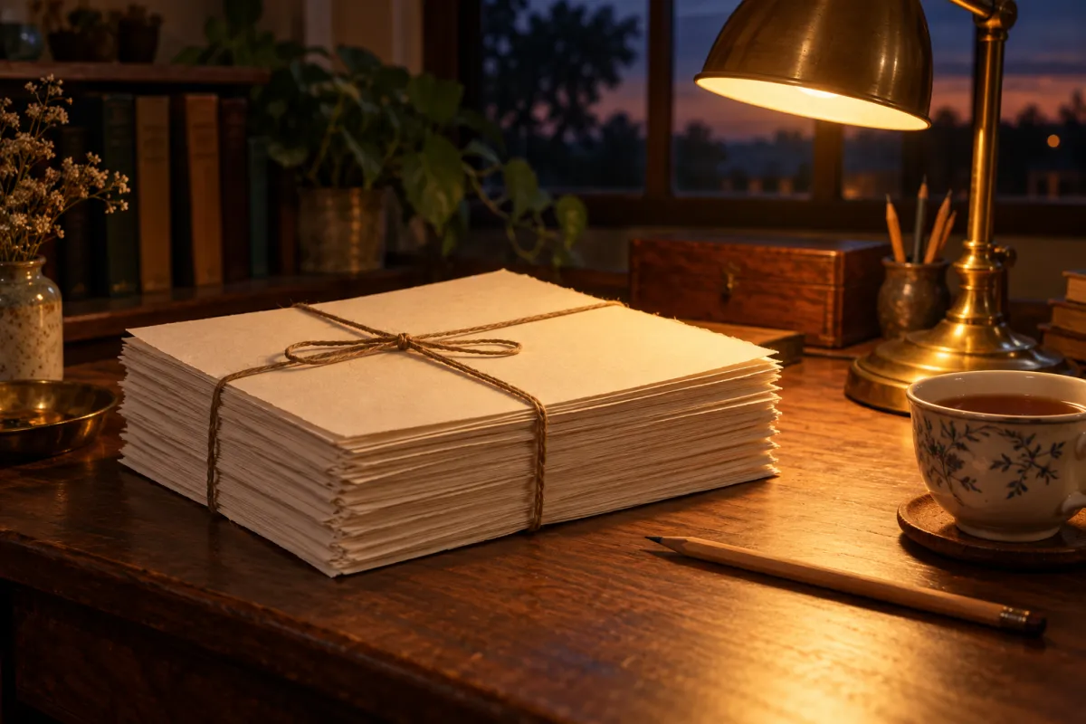 A tied stack of blank manuscript pages under a warm desk lamp, suggesting a finished first draft